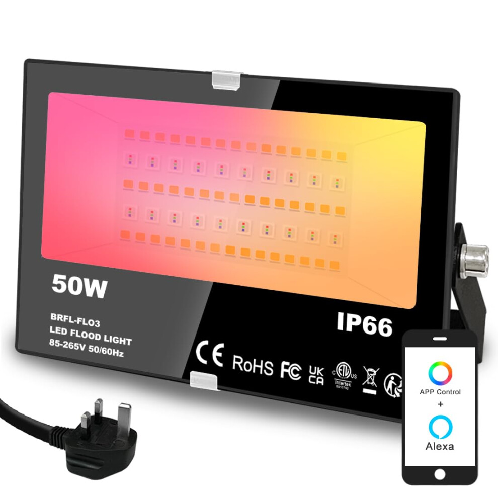 Mobri Led Floodlight Outdoor With Alexa, Smart Flood Lights Colour Changing App Control, 50W 5000Lm Bluetooth, Warm +1600 Million Rgb Colours, N White 56810882