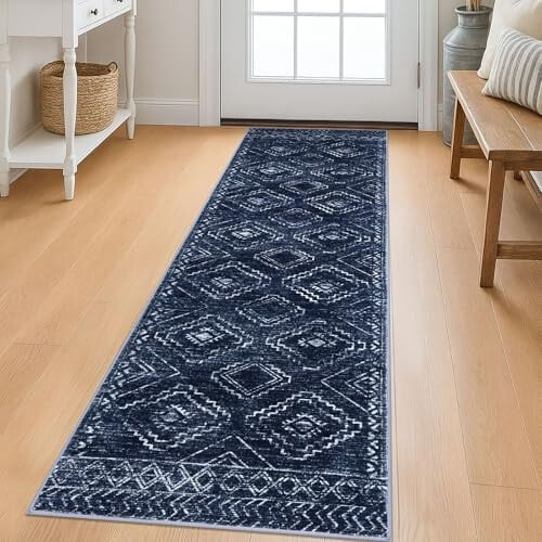 Blauer geometrischer Eingangsteppich, 90 x 150 cm, rutschfest, Polyester