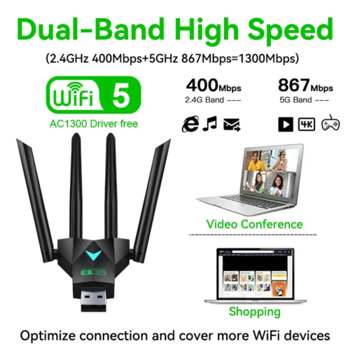 Προσαρμογέας USB WiFi διπλής ζώνης 1300Mbps, ασύρματο dongle 2,4GHz και 5GHz για υπολογιστή, φο 2