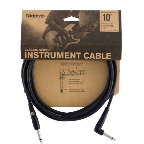 D'Addario Classic Series Guitar Cable 10 ft, Straight/Right Angle