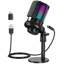 NJSJ USB Microphone for PC, RGB Gaming Mic with Mute Button, Condenser Microphone with Gain knob & Monitoring Jack for Recording, Streaming, Podcasti