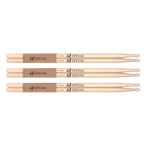 LA Specials Hickory 5A Drum Sticks, Wood Tip, 3-Pair Pack