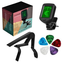 Guitar Tuner&Guitar Capo 7 Pack Include 1Pcs Clip-On Tuner with 1Pcs Quick-Change Capo and 5Pcs Guitar Picks for Acoustic Guitar, Bass, Violin Ukulel