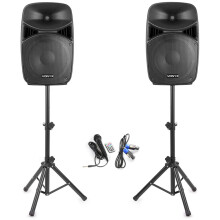 Vonyx VPS152A 15-Inch Active Party Speaker System with Bluetooth, Speaker Stands, Wired Microphone & LED Lights – Complete DJ PA System for Karaoke,