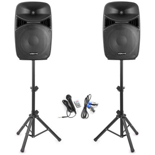 Vonyx VPS152A 15-Inch Active DJ PA Speakers, Bluetooth, LED, Mic