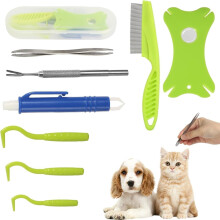 Pet Tick Removal Kit, 8-in-1 Professional Grooming Set with Tweezers, Flea Comb, Magnifying Glass, Storage Box, for Dogs and Cats