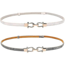 (Gray white) Leather Skinny Women Belt Thin Waist Belts With Golden Buckle 2 Pack