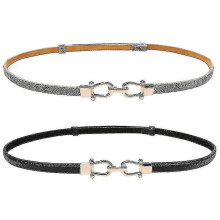 (Black gray) Leather Skinny Women Belt Thin Waist Belts With Golden Buckle 2 Pack