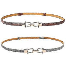 (Gray brown) Leather Skinny Women Belt Thin Waist Belts With Golden Buckle 2 Pack