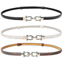 (Black white brown) Leather Skinny Women Belt Thin Waist Belts With Golden Buckle 2 Pack
