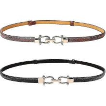 (Black brown) Leather Skinny Women Belt Thin Waist Belts With Golden Buckle 2 Pack