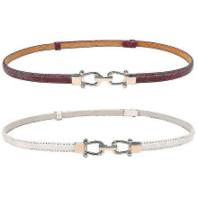 (Red white) Leather Skinny Women Belt Thin Waist Belts With Golden Buckle 2 Pack