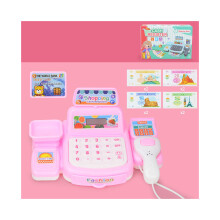 Registratore di cassa in miniatura rosa con suoni e luci, set interattivo per bambini che riproduce un negozio.