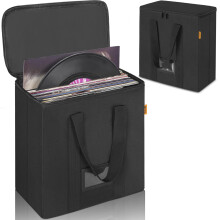 OUUTMEE 12-inch Vinyl Record Carrying Bag with Lids & Handles,Waterproof Vinyl Storage Case for Hold up to 50 Singles,Collapsible Portable Record Org