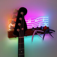 CoolGift Mart Light Up Guitar Wall Mount, Musical Notes Design, Pick Holder with Guitar Capo Storage, USB Powered, Premium Wood and Acrylic, Gift for