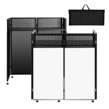 SMONTER Portable DJ Booth 41"L x 20"W DJ Facade with White & Black Scrim, Foldable DJ Table Station with Adjustable Feet for Party, Black Metal Frame