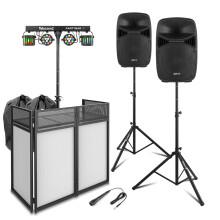 Vonyx VPS102A 10" Active DJ Speaker Package with DJ Booth, BeamZ PartyBar2 Disco Lighting System, Speaker Bags & Stands - Complete Home DJ Setup for