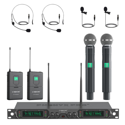 Phenyx Pro Wireless Microphone System, 4-Channel UHF Wireless Mic Set with Handheld/Bodypack/Headset/Lapel Mics, Fixed Frequency Metal Cordless Micro