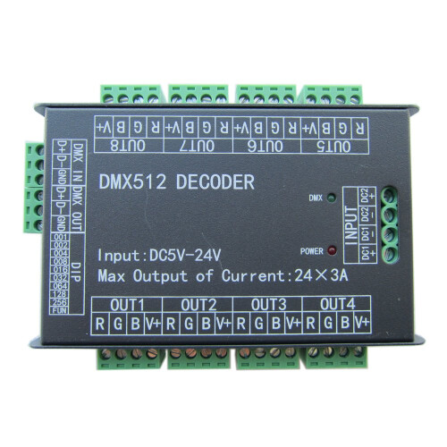 High Power 24 Channel RGB 3A/CH DMX512 Controller Led Decoder Dimmer 500Hz Flicker Free Smoother Dimming DMX Signal Indicator Flashes Function DC 5V-