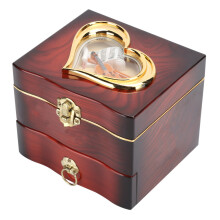 Caixa de música de madeira marrom com manivela, bailarina giratória e 4 compartimentos, ideal para decoração de casa.