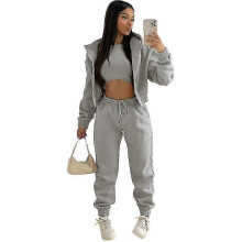 (S, Grey) Women's 3 Piece Padded Hooded Sweatshirt Sports Casual Outfit Tracksuit Set
