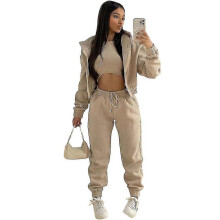 (XXL, Khaki) Women's 3 Piece Padded Hooded Sweatshirt Sports Casual Outfit Tracksuit Set