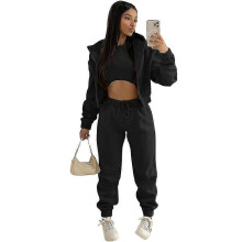 (L, Black) Women's 3 Piece Padded Hooded Sweatshirt Sports Casual Outfit Tracksuit Set
