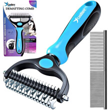 Candure Dematting Comb for Dog and Cat, Pet Grooming Rake and Brushes for Small, Medium & Large Dogs 17+9 Double Sided Deshedding Tool Removes Knots