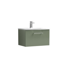 Balterley Modern Bathroom 1 Soft Close Drawer Wall Hung Vanity Unit & Curved Basin, Satin Green, 600mm