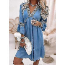 (M, BLUE) Women Bohemian Three Quarter Sleeve Mini Dress Loose Waist Spring Autumn Flare Sleeve V-neck Printing Ladies Princess Dress