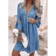 (XL, BLUE) Women Bohemian Three Quarter Sleeve Mini Dress Loose Waist Spring Autumn Flare Sleeve V-neck Printing Ladies Princess Dress