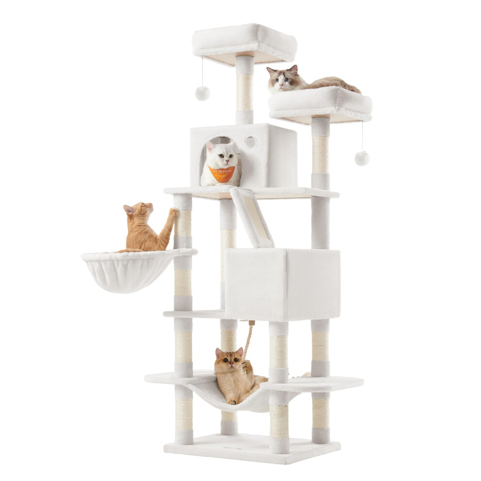 Feandrea Cat Tree, 168 Cm Large Cat Tower Condo With 13 Scratching Posts, 1 Scratching Ramp, 2 Perches, 2 Caves, Basket, Hammock, Pompoms, Whit Cream
