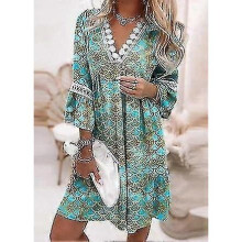 (3XL, GREEN) Women Bohemian Three Quarter Sleeve Mini Dress Loose Waist Spring Autumn Flare Sleeve V-neck Printing Ladies Princess Dress