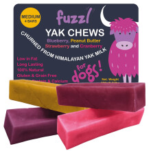 Fuzzl Yak Chews Blueberry, Strawberry, Peanut Butter, Cranberry Medium Box 4 - Himalayan Yak Chews for Dogs - Natural Dog Chew
