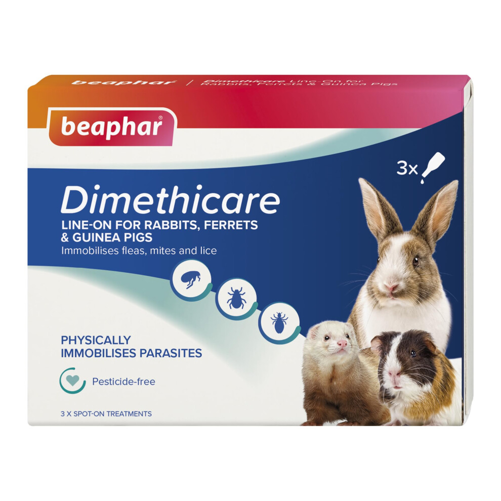 Beaphar - Dimethicare Line-On - Mite, Flea And Lice Control For Rabbits, Guinea Pigs & Ferrets – 3 Treatment Pack - Physically Immobilises Parasites