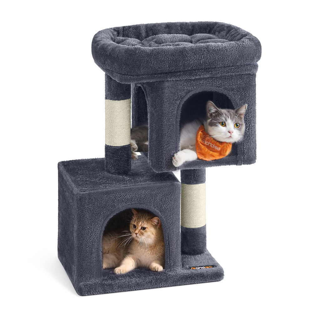 Feandrea Cat Tree Tower, 67 Cm, S, For Kittens Up To 3 Kg, Large Perch, 2 Caves, Scratching Post, Smoky Pct611g01v1 Grey