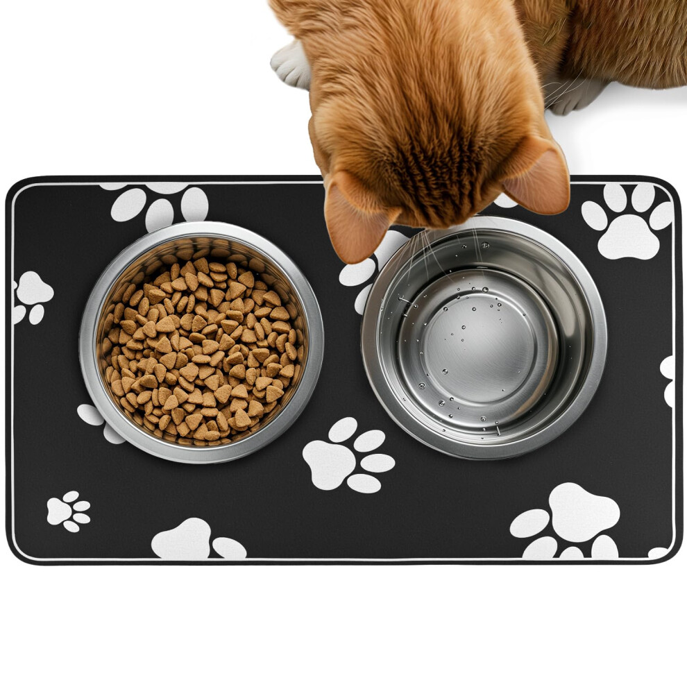 Qwork 30X50cm Water Absorbent Pet Feeding Mat, Pet Food Bowl Placemat, Easy Clean Feeder Mat For Dogs & Cats, Anti-Slip, Black
