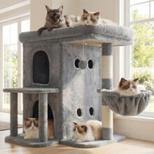 Heybly Cat Tree, 65cm Cat Tower with Spacious Top Perch for Large Cats, Stair-Style Cat House Furniture with Dual-Layer Condos, Sisal Scratching Post