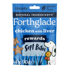 Forthglade Natural Dog Treats (4 x 90g Bags) - Hypoallergenic & Grain Free Dog Training Treats with Chicken and Liver, Baked Soft Bite Rewards, Resea