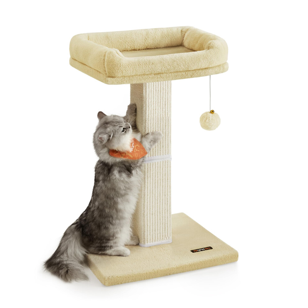 Feandrea Cat Scratching Post, Cat Tree With 40 X 30 Cm Plush Perch, 71 Cm Tall Scratch Post, Woven Sisal, 45 X 40 Cm Base, Pompom, Pca022m01 Beige