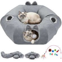 Odoland Cat Tunnel with Bed, Foldable Large Pet Donut Tunnel Bed in Linen, Interactive Cat Play Tunnel Toys with Ball for Indoor Cats, Kittens, Rabbi