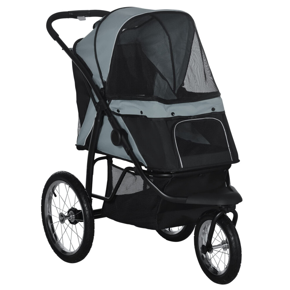 Pawhut Dog Pram, Dog Stroller Jogger Foldable Pet Pushchair For Medium, Small Breeds, W/Rubber Wheels, Washable Cushion, Grey