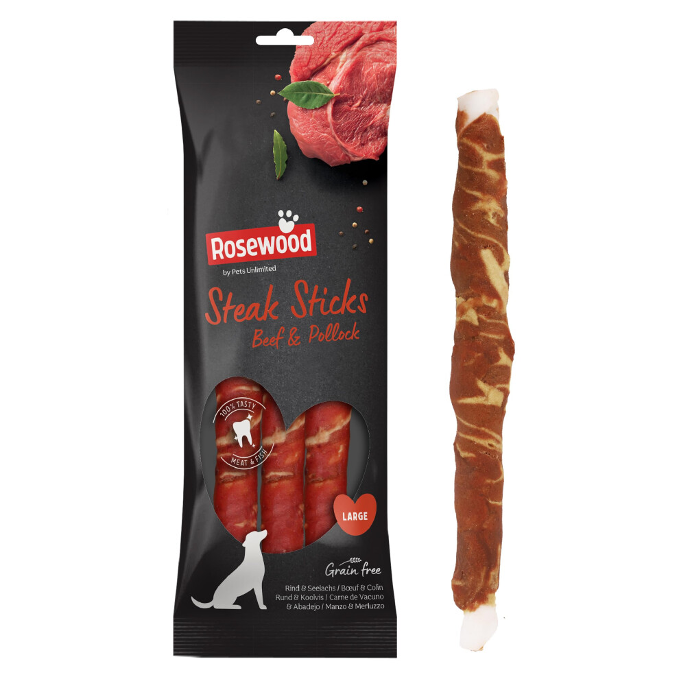 Rosewood Large Steak Sticks For Dogs - Made With Beef And Pollock, Free Chews, High Protein Dog Treats, By Pets Unlimited (240G) Grain