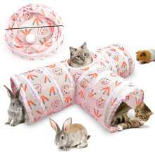 ERKOON 3-Way Rabbit Tunnel, Cat Tunnels & Tubes Collapsible, 25cm Pink Small Animal Pop-up Tunnel with Funny Pompon Maze House for Cats, Rabbits, Gui