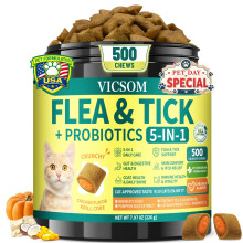 Flea and Tick Chewables for Cats, 500 Crunchy & Krill Chews with Probiotics for Cats, Natural Cats Fleas and Ticks Prevention with Gut & Digestive Su