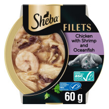 SHEBA Filets Adult Cat Food With Chicken, Ocean Fish & Shrimp in gravy 32x60g Tray