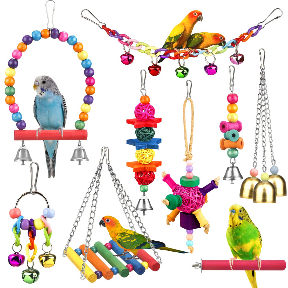 Yixund Bird Toys For Conures With Colorful Ladder Hammock Cage Accerious Bird Perch Stand Chewing Toys Hanging Bell Parrot Parakeet Cockatiel Loveb