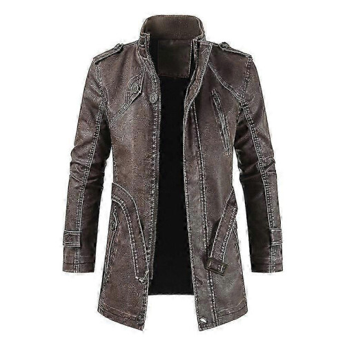 (2XL, DARK  BROWN) Men Leather Coat Winter Long Leather Coat