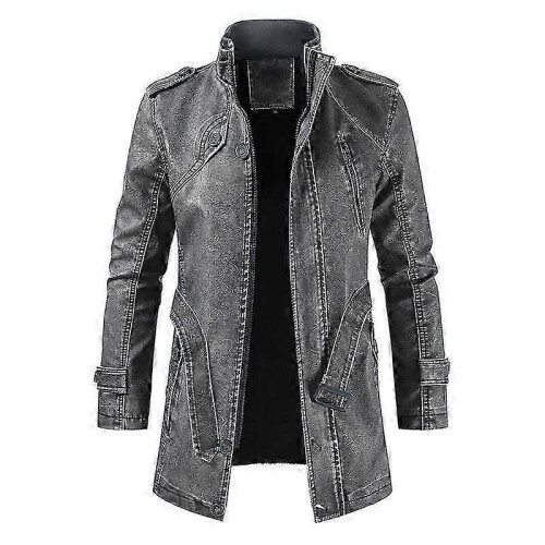 (3XL, DARK  GREY) Men Leather Coat Winter Long Leather Coat