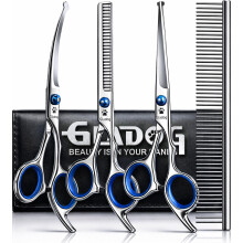 GLADOG 4 in 1 Dog Grooming Scissors Kit, Blue Titanium Coated Pet Scissors for Dogs & Cats, Straight Curved Thinning Shears with Comb, Safety Round T
